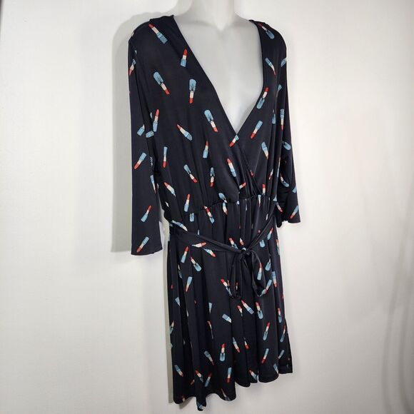 Forever 21 Plus Womens Dress 3X Black Lipstick Faux Wrap 3/4 Sleeve Fit N Flare - Picture 4 of 11